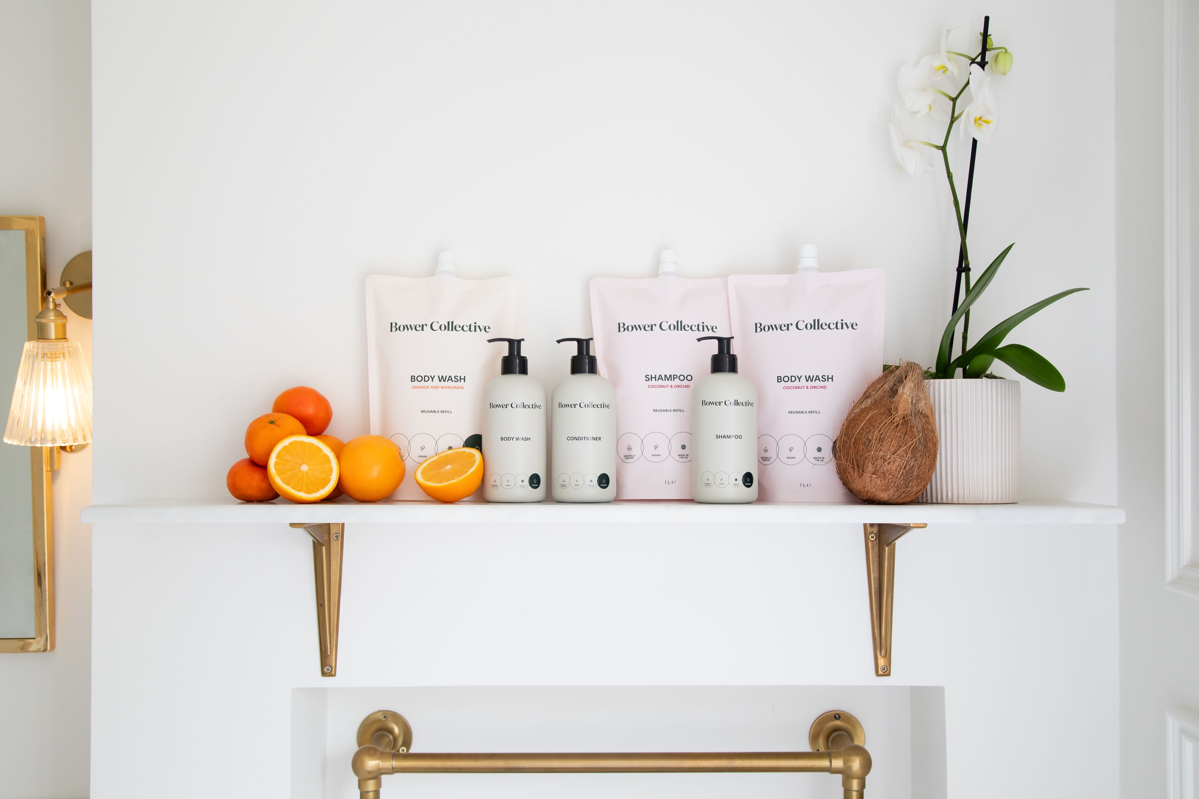 Bower Collective products on bathroom shelf