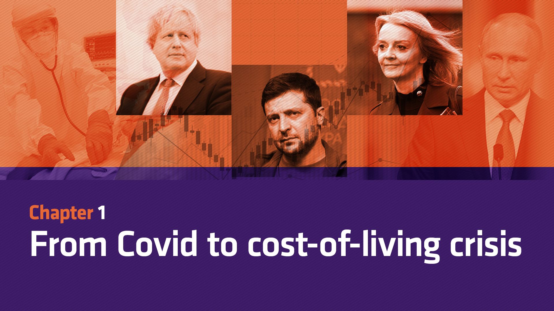 Images of Boris Johnson, Volodymyr Zelenskyy, Liz Truss, Vladimir Putin and a doctor with text saying: Chapter 1. From Covid to cost-of-living crisis