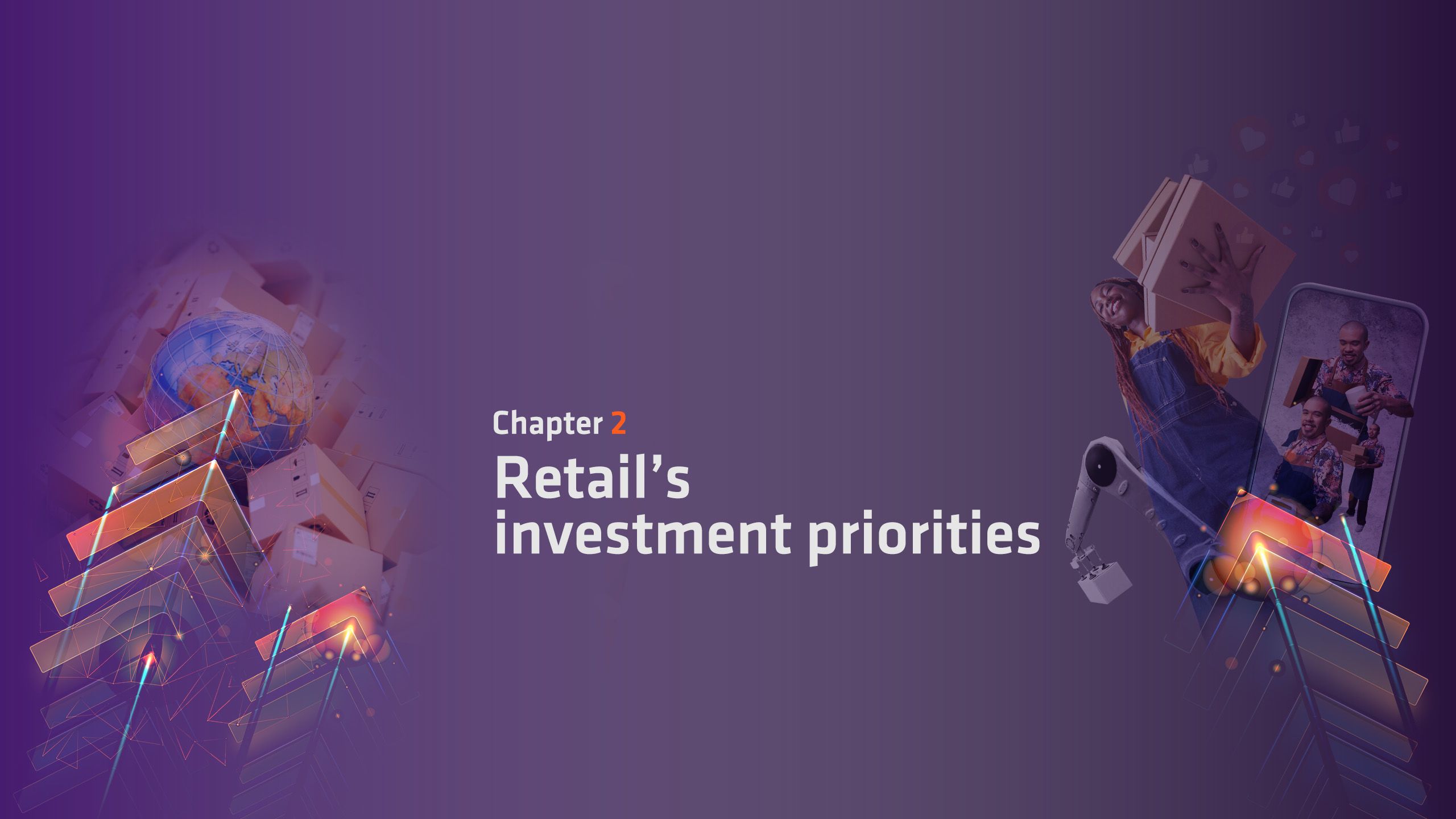 Graphic image showing arrows, globe, delivery worker, robot arm and cardboard boxes