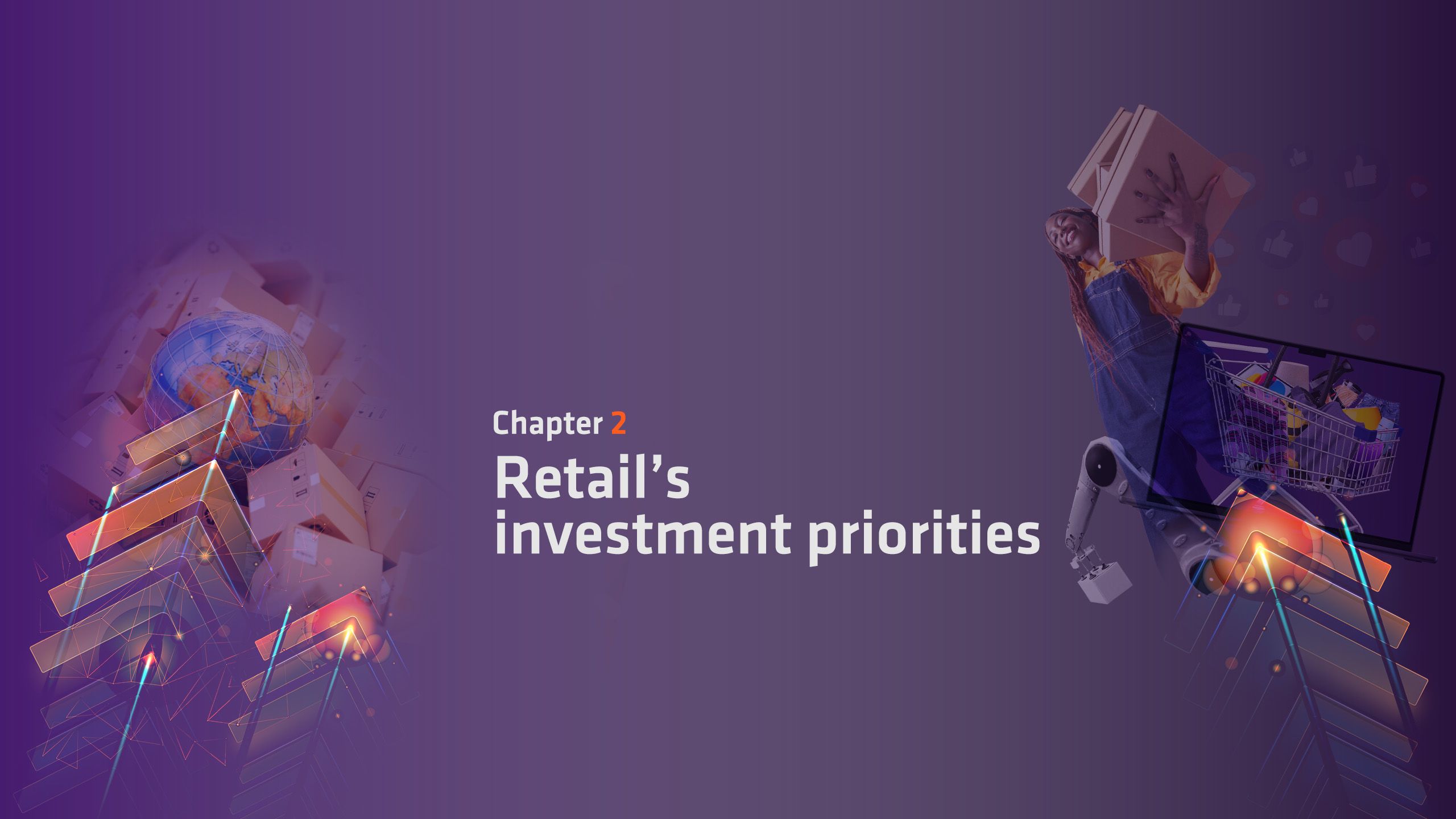 Graphic image showing arrows, globe, delivery worker, robot arm and cardboard boxes