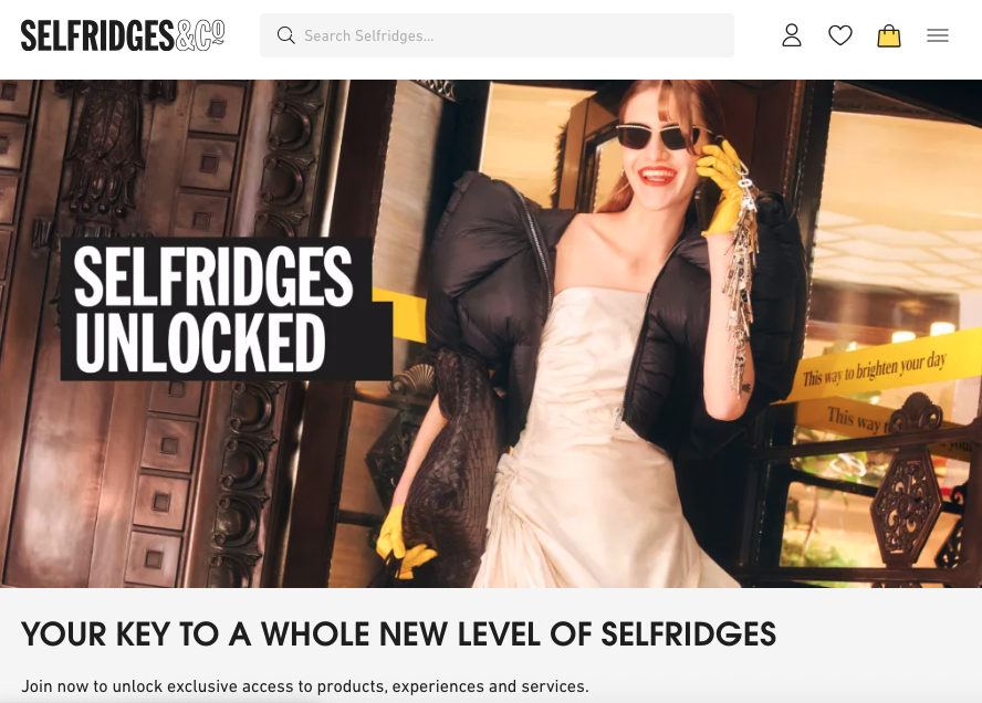 Selfridges website homepage showing Selfridges Unlocked loyalty programme