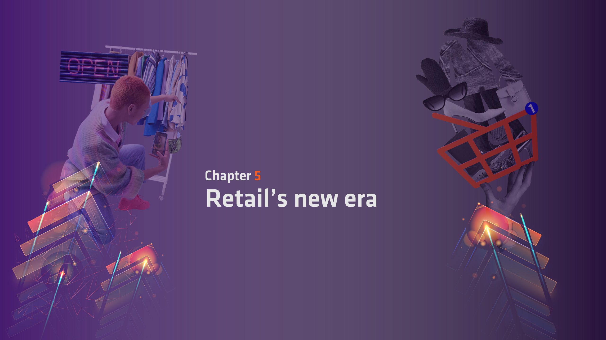 Graphic image showing arrows, a shop worker with a mobile phone and basket with clothes in