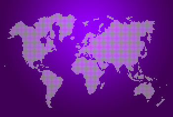 Map of the world made of white dots on purple background