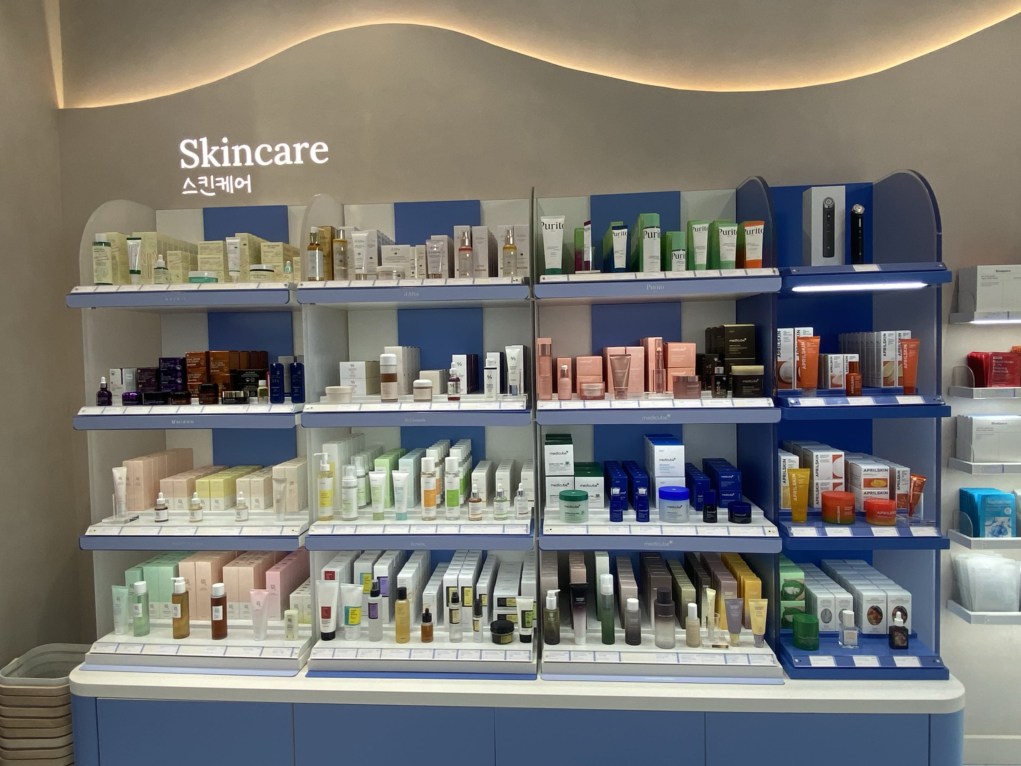 Skincare products on display at Pure Seoul store