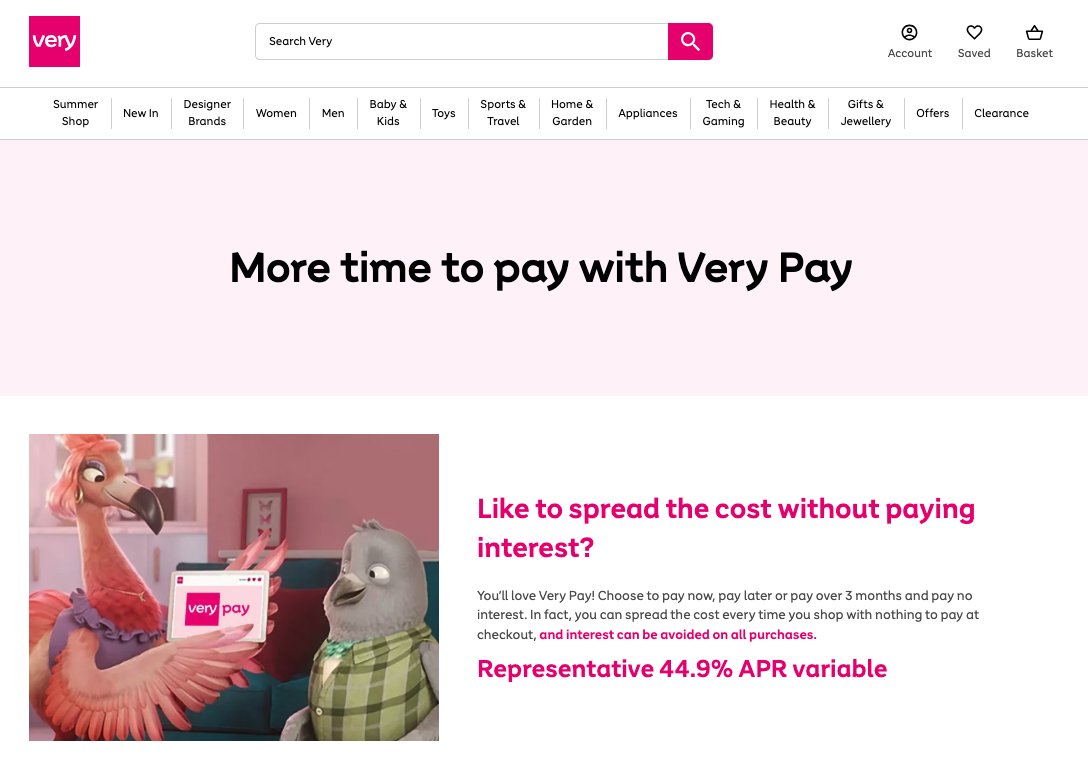 The Very Group website homepage showing payment options