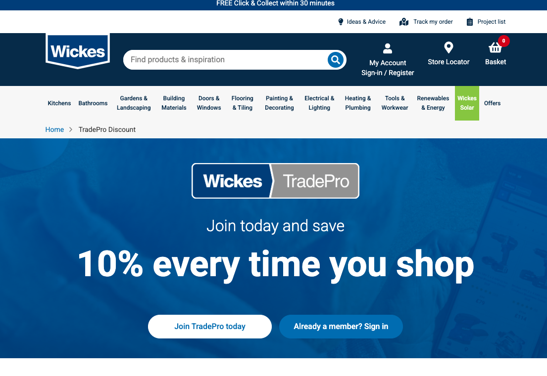 Wickes website homepage showing TradePro details