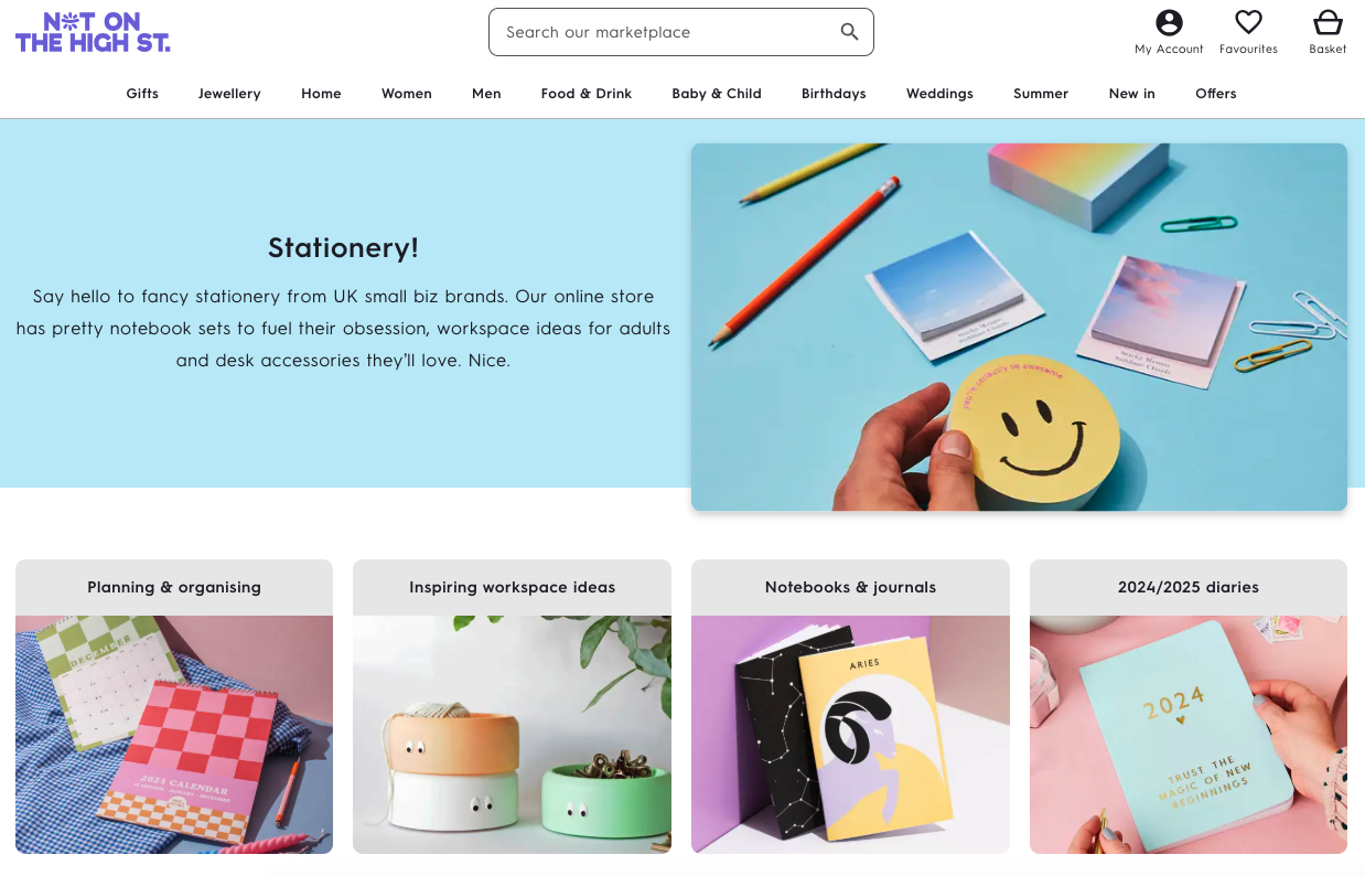 Not On The High Street website homepage showing stationery