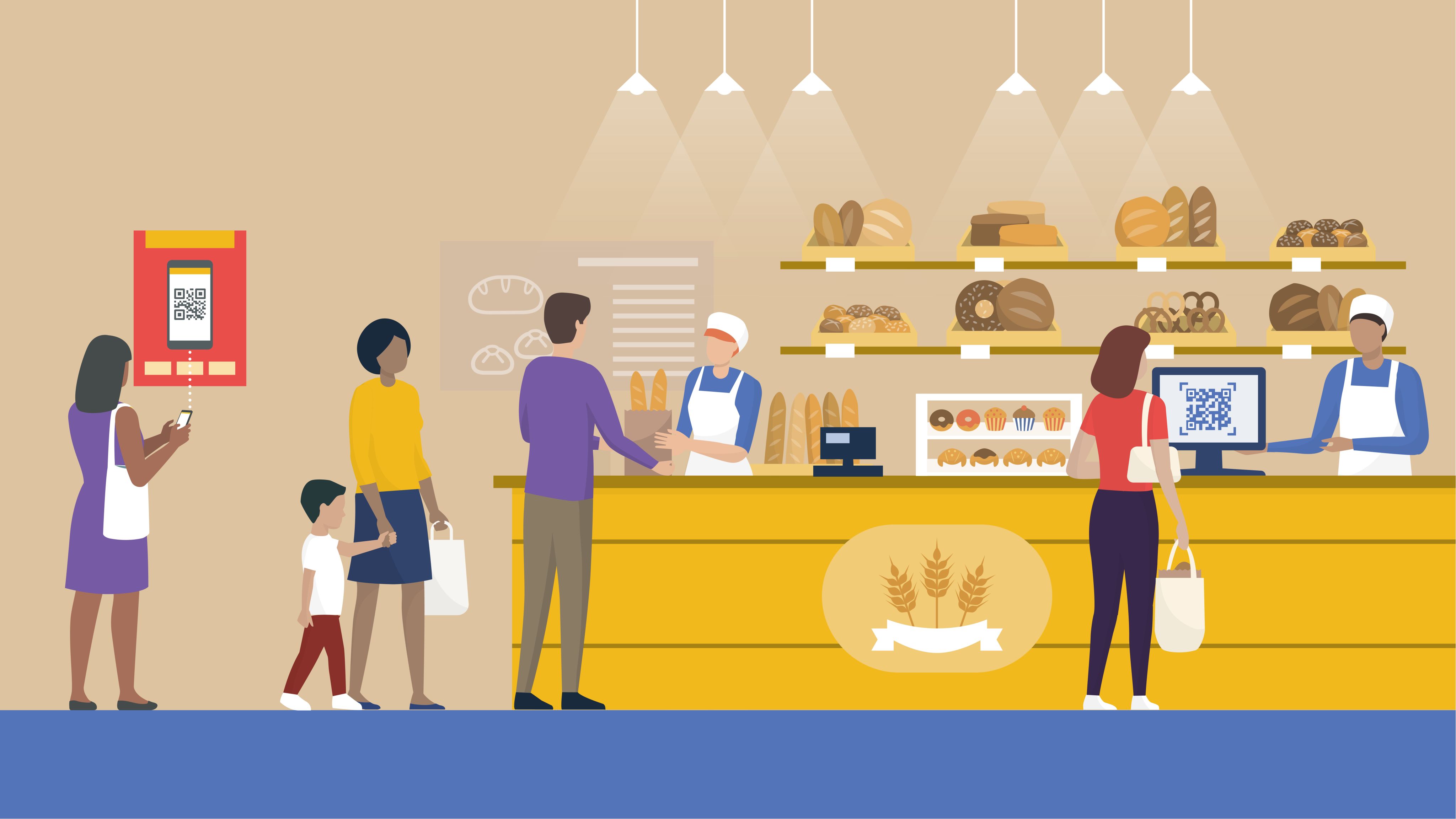 Illustration of several customers queuing up in a bakery