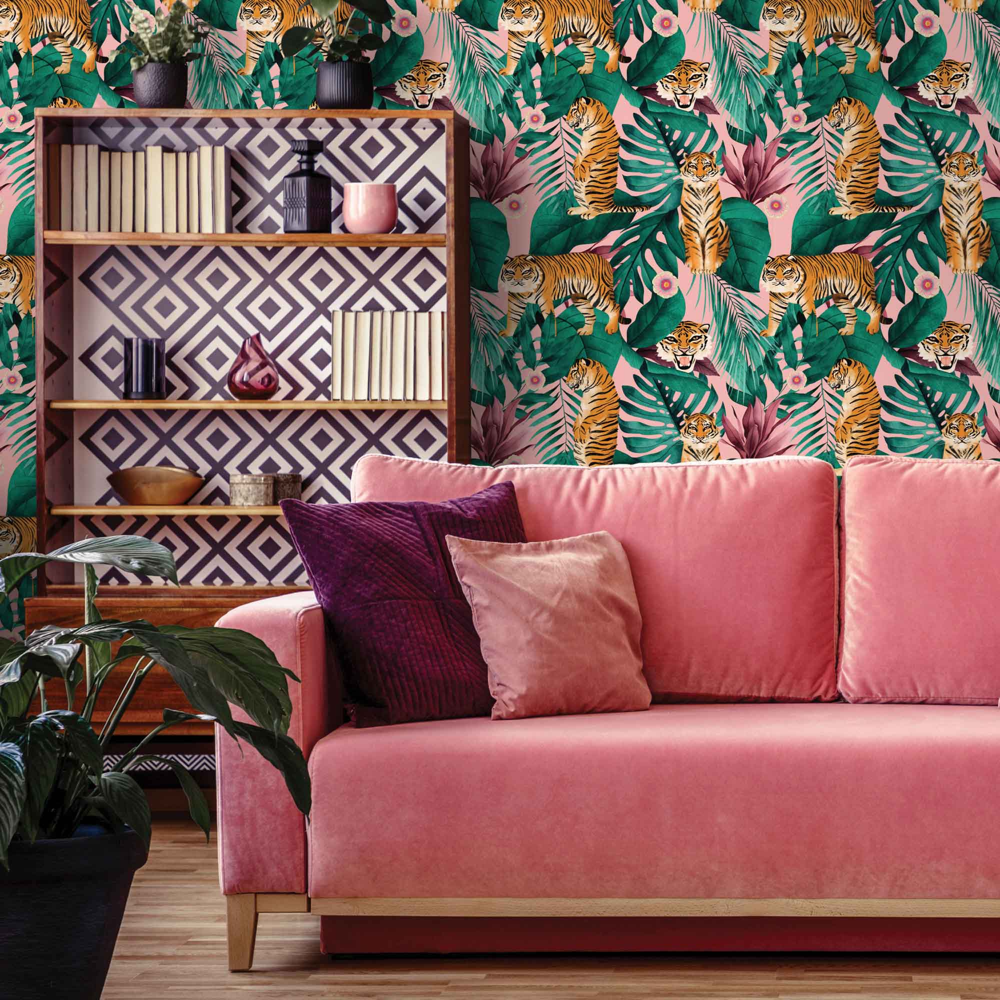 Styled shot of living room with Lust Home tiger wallpaper